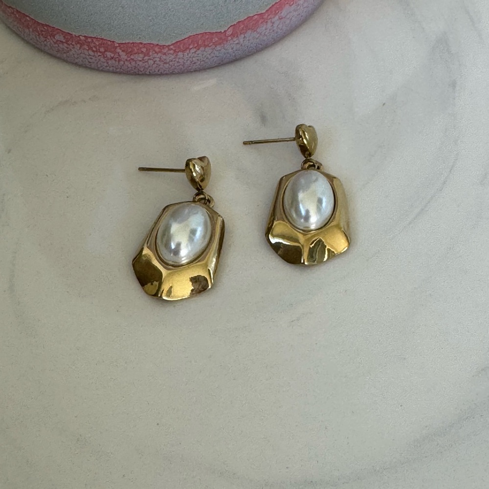 Gold Pearl Drop Earrings for Women - Classic Gold and White Stainless Steel.